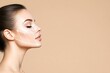 © NN AI - Side view of woman face with white lifting lines on beige background, facial contouring and aesthetic medicine concept with copy space