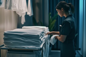 A professional hotel staff member neatly organizes freshly laundered white towels in a dimly lit, elegant room.