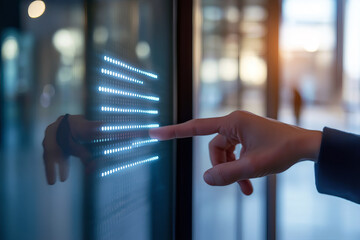 Wall Mural - a visually impaired person touching a braille sign on a modern office door, with blurred background.