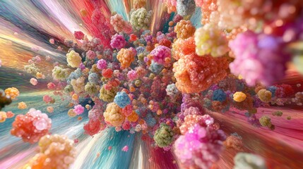 3D color explosion with vibrant, floating particles and layers of depth in an abstract, dynamic scene