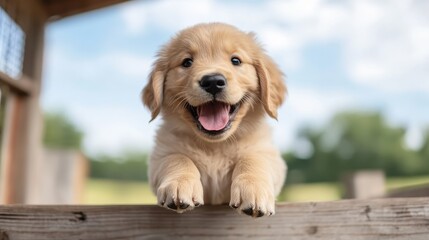 A happy, golden puppy joyfully peeks over a wooden fence, with a blurred green natural background showcasing its playful and innocent nature.