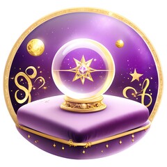 A crystal ball sits on a purple velvet cushion with a gold star inside and surrounded by stars and planets.