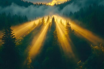 A serene forest scene with sunlight streaming through trees amidst misty surroundings.