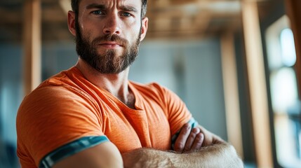 A confident bearded man in an orange shirt crosses his arms, exemplifying strength and casual charisma in a daylit interior setting, with a modern style.