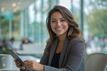 A smiling Hispanic woman is sitting at an office desk