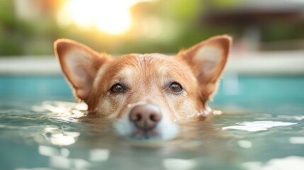 A golden dog joyfully swims in a pool during sunset, its eyes expressing contentment and freedom while the warm glow of the setting sun enhances the tranquil scene.