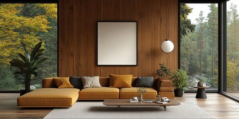Wall Mural - modern living room with blank poster and wooden accents
