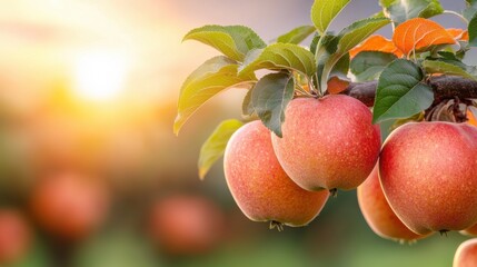 A close-up of ripe apples hanging from a branch, illuminated by warm sunlight, set against a serene outdoor backdrop.