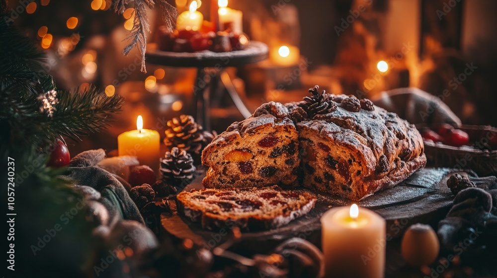 Authentic German stollen bread with powdered sugar coating, sliced to ...