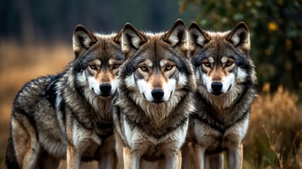  Three wolves standing together in a natural setting, showcasing their majestic features.