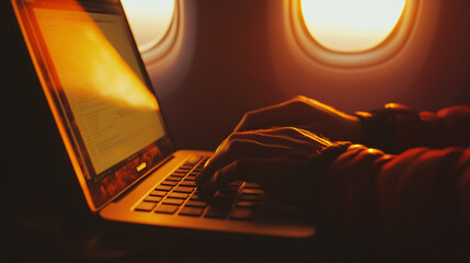 a person is using a laptop on airplane, depart for business trip on the way home