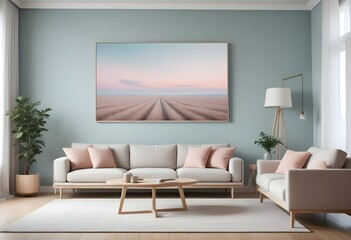 Modern Interior Poster Frame Mockup in Contemporary Living Room - 3D Render