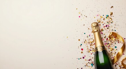 Elegant New Year Champagne Bottle with Golden Ribbon and Sparkles