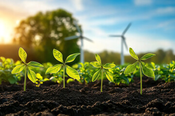 Small electric turbines along community gardens, reflecting localized, eco-friendly sustainability initiatives