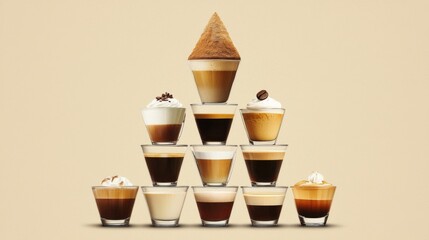 Layered pyramid of coffee drinks, from espresso to latte to cappuccino