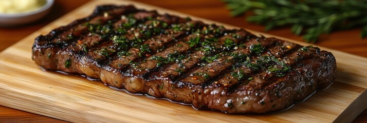 Savory grilled steak topped with garlic butter and fresh herbs, artfully presented on a rustic wooden cutting board