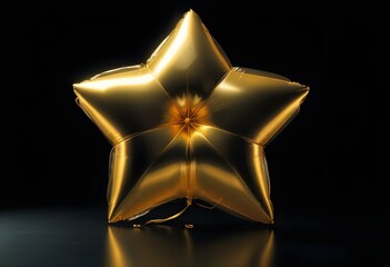 Canvas Print - A bright yellow star-shaped balloon, fully inflated, with a glossy finish, floating in the center of a solid black background create with ai