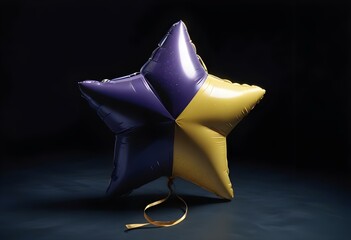 Canvas Print - A deep purple and yellow star-shaped balloon with a textured surface, isolated on a velvety black background, casting a subtle shadow that adds depth and dimension to the image create with ai