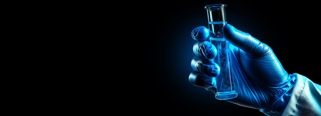 extreme close-up of a hand of a scientist with blue latex glove holding a test tube filled with blue