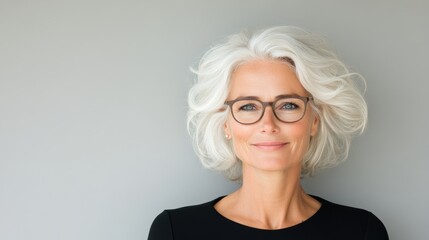 Woman with short gray hair and glasses is smiling. She is wearing a black shirt and glasses