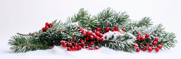 Green fir tree branch with red berries and snow on white. Holiday decoration. Banner.