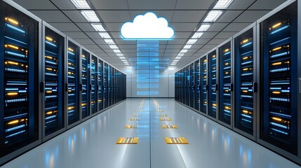 Fototapete - Dual Tone Server Racks Seamlessly Connected to Cloud Storage System Representing Modern Digital Infrastructure and Distributed Computing Solutions
