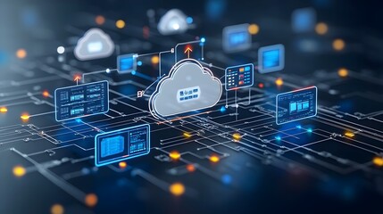 Fototapete - Vibrant and Simplified Cloud Computing Network Showcasing Servers Arrows and Data Flow in Contrasting Colors Representing Technology Infrastructure and Connectivity