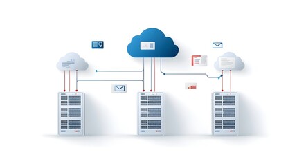 Fototapete - Iconic Representation of Cloud Based Server Communication Infrastructure Highlighting the Digital Landscape of Interconnected Technologies and Data Services