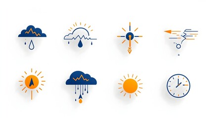 Aufkleber - Set of two color flat weather icons crafted with geometric shapes and minimal design depicting thunderstorms sunshine and snow for meteorological forecasts and climate visualizations