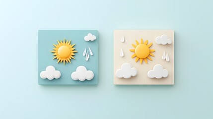 Fototapete - Minimalist and modern two tone weather icons featuring sun clouds and rain designs with clean lines subtle shadows and a contrasting color scheme for weather forecast and environmental concepts