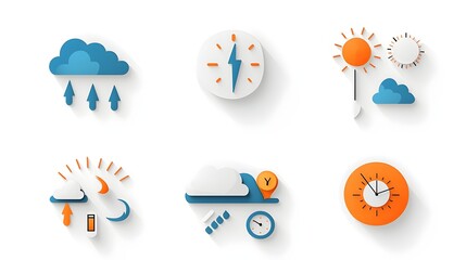 Aufkleber - Minimalist flat weather icons crafted with geometric shapes including symbols for thunderstorms sunshine and snow designed with a modern abstract aesthetic
