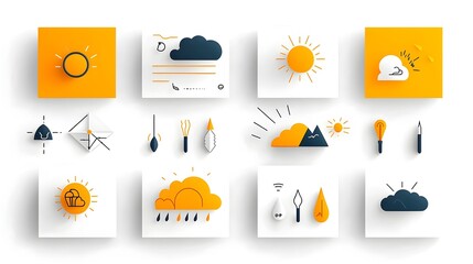 Aufkleber - Bold and Vibrant Weather Icon Collection Featuring Sun Cloud and Storm Symbols Crafted with Minimalist Lines and Sharp Edges for Graphic Design UI and Digital Art