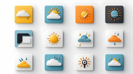 Aufkleber - Vibrant Weather Icon Collection with Bold Contrasting Colors Minimalist Lines and Sharp Geometric Edges Depicting Sunny Cloudy and Stormy Conditions