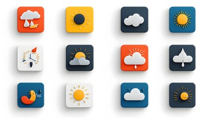 Aufkleber - Vibrant Minimalist Weather Icon Set with Contrasting Colors and Sharp Edges   Depicting Sunny Cloudy and Stormy Conditions in a Bold Graphic Style