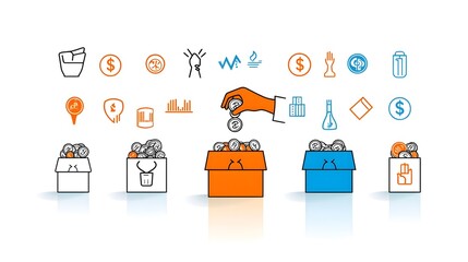Poster - Minimalist and modern two color donation symbol featuring a hand gesture dropping coins into a box  Designed with clean geometric shapes and a flat