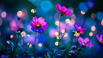Wall Mural - Pink and purple cosmos flowers bloom in a field at dusk