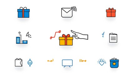 Poster - Dual color donation icons featuring a hand passing a gift box representing the concepts of charity giving and generosity  The design uses bold clear outlines to create a simple