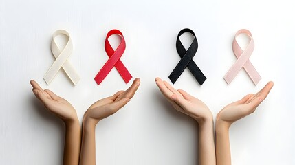 Poster - Minimalist two tone icons featuring charity ribbons and hands reaching out designed with subtle lines and shading to create a modern impactful visual for fundraising volunteer