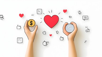Poster - Minimalist two color icon design featuring hands lifting up a heart and a coin symbolizing the concepts of charity donation and caring support