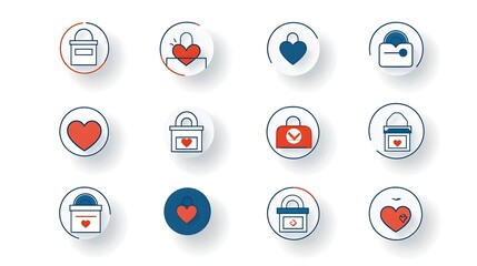Poster - Sleek and minimalist charity icons featuring donation boxes and heart symbols in a dual color design conveying the concepts of philanthropy community support and humanitarian aid