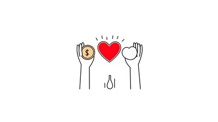 Poster - Minimalist of symbolic icons depicting hands raising up a heart and a coin representing the concepts of charity donation and philanthropic giving  Designed in a clean bold and iconic style