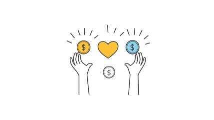 Poster - Minimalist two color icons depicting hands raising up a heart and a coin symbolizing the concepts of charity donation and philanthropic giving
