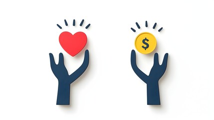 Poster - Minimalist two color icons depicting hands lifting up a heart and a coin symbolizing the concepts of charity donation and financial support for a cause or community