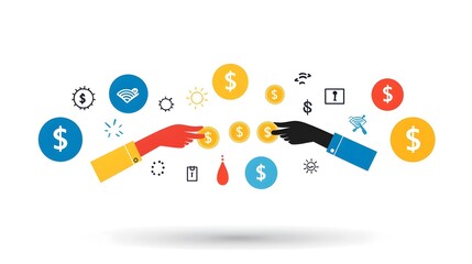 Aufkleber - Stylized hands exchanging coins representing the act of financial donations and support for various causes social initiatives and charitable organizations  This modern