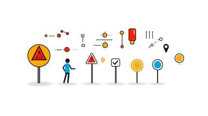 Aufkleber - Iconic Pixel Perfect of a Silhouetted Person Standing Next to Editable Warning Signs Representing the Concept of Risk Identification and Hazard Awareness