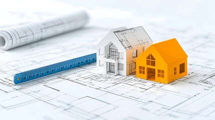 Poster - Contrasting color icons depicting a house blueprint and a ruler representing the planning and construction process in the real estate industry  The clean geometric forms create a minimalist