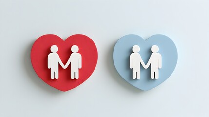 Fototapete - Minimalist geometric icons in two hues depicting a loving couple holding hands inside a heart symbol representing togetherness affection and the bond of a romantic relationship designed with smooth