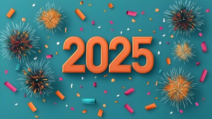 Poster - Sleek and modern New Year 2025 scene featuring a bold futuristic numeric font surrounded by minimal line art fireworks and confetti elements leaving clear space for advertisements promotions