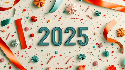 Aufkleber - Sleek New Year 2025 Scene with Minimal Line Art Like Ribbons and Confetti Surrounded by a Sleek Serif Font in a Clean Modern Composition with Clear Areas for Advertising or Branding