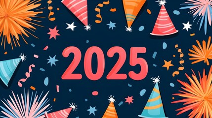 Aufkleber - Sleek and Edgy 2025 Typography Design with Minimalist Line Art Fireworks and Party Hats Offering Ample Blank Space for Promotional or Celebratory Content